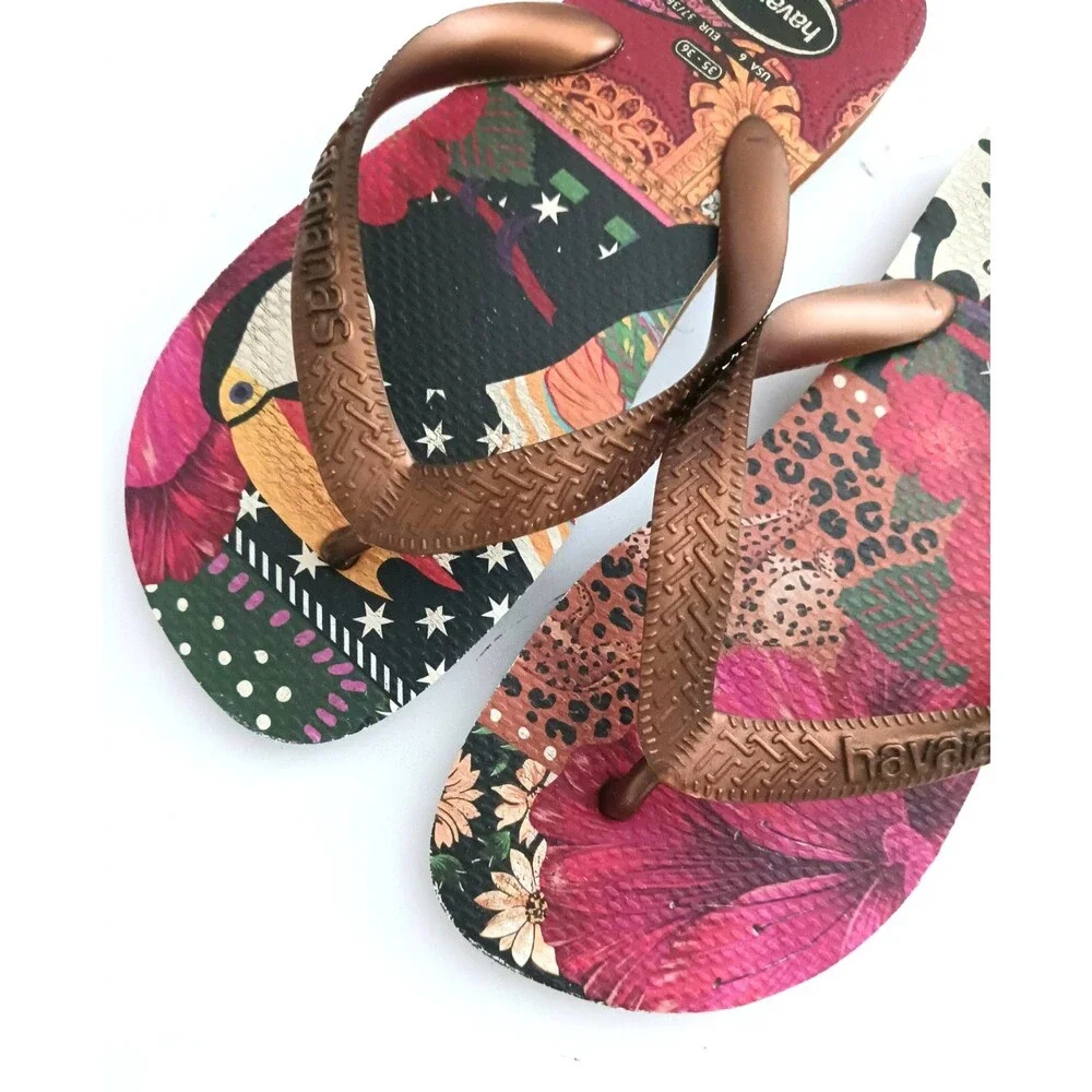 Havaianas X Farm Rio Flip Flops Tropical Jungle Toucan/ Floral/ Leopard US 6